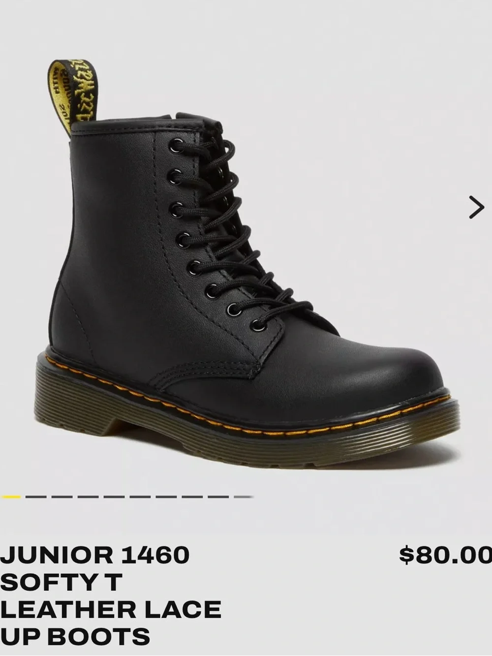 Dr. Martens Black Leather Lace-Up Boots with Yellow Stitching (Kids)